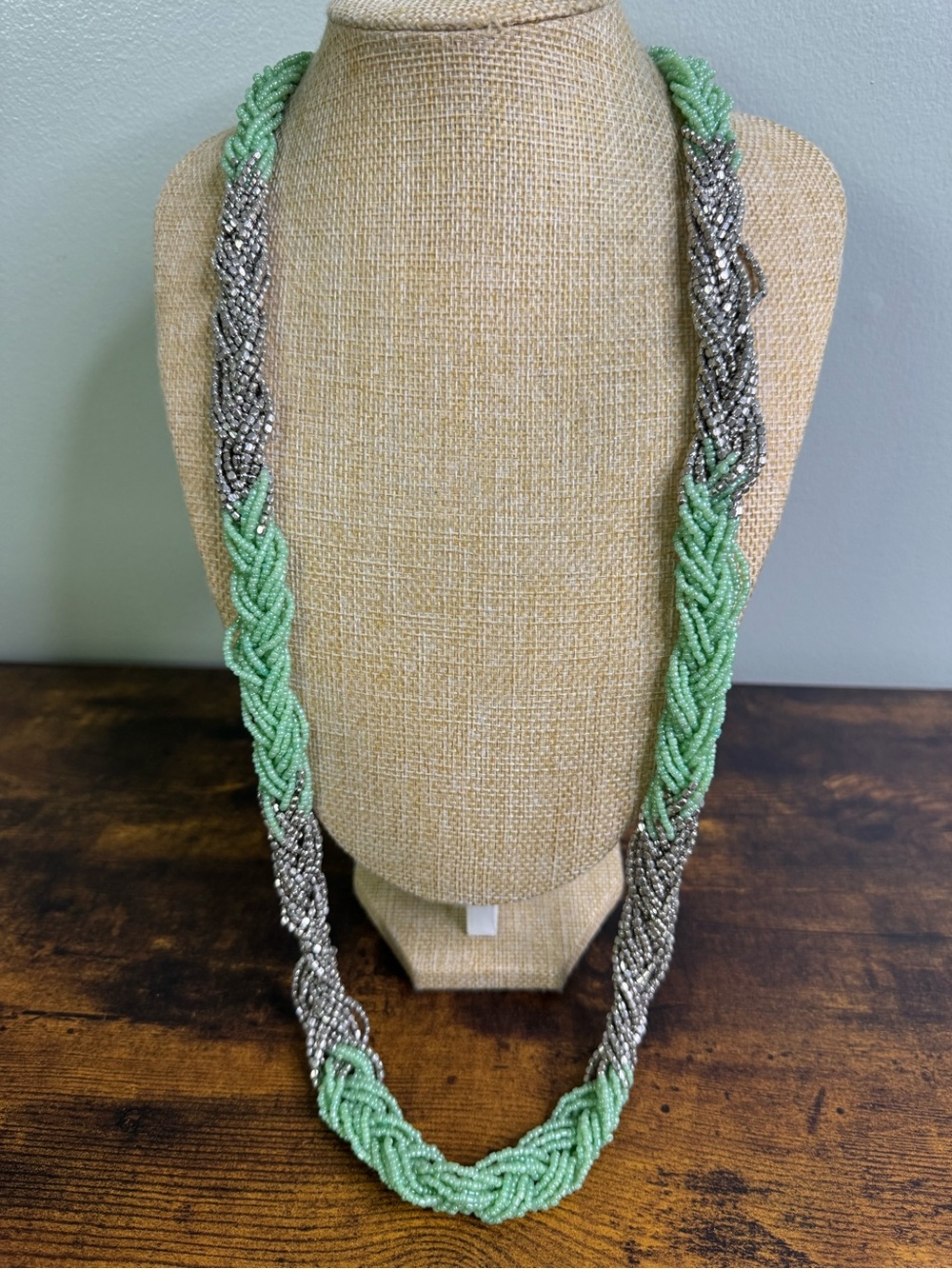 LOFT Mint and Silver Braided Seed Beaded Necklace 34 Inch - Summer Beach Jewelry
